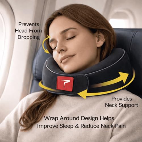 Image of Trajectory Travel Neck Pillow Memory Foam for Sleeping in Airplane Flight, Cab, Car, Train, Bus for Men and Women Black (As seen on Shark Tank)
