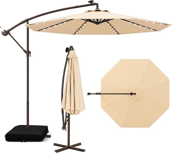 RELAX4LIFE Sombrilla Terraza 3x3m con 40 Luces LED Solar, Sombrilla Inclinable con Base en Cruz, Manivela Manual y 2 Sacos de Arena, Protección Solar, Parasol para Jardín, Terraza y Patio