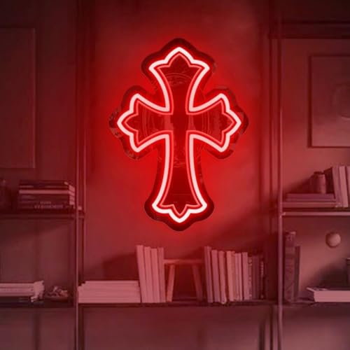 Image of Cross Gothic Y2K Cross Mirror Neon Sign, Birthday Gift, Gothic Wall Decor, Corss Bedroom Mirror Sign, Gift for Friends, Retro Wall Decoration, 16.5 inchx12 inch