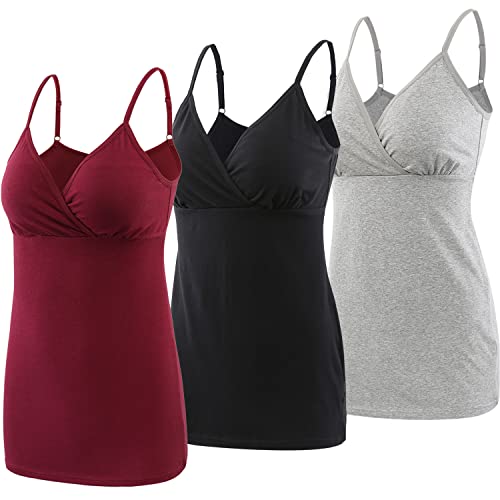 ZUMIY Schwangerschaft Stillen Top, Damen Baumwolle Umstandskleidung Schlaf Ärmellos Cami mit Verstellbaren Trägern (L, Black+Grey+Red wine/ 3-pk) Cover