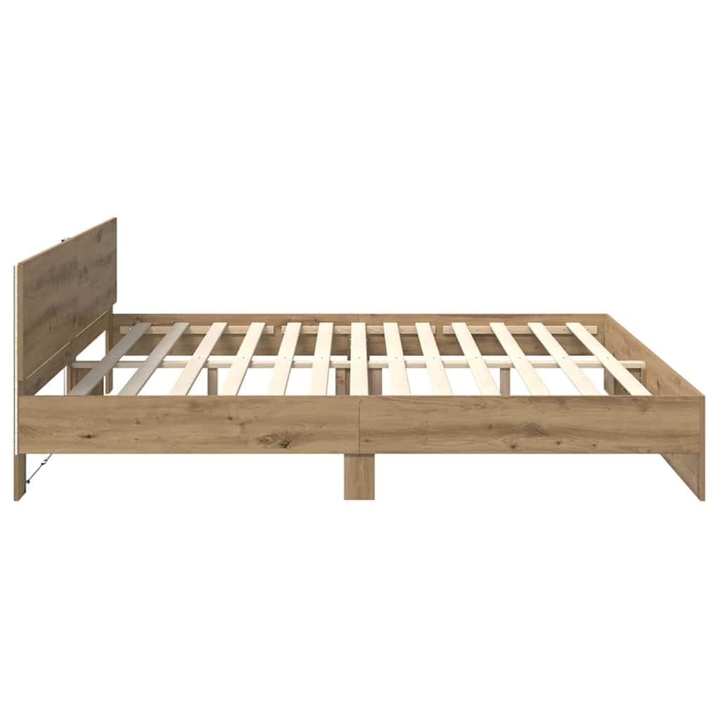 Marco de cama de roble Artisan de madera de 200 x 200 cm con somier y tiras LED para dormitorio de matrimonio con cabecero e iluminación moderna