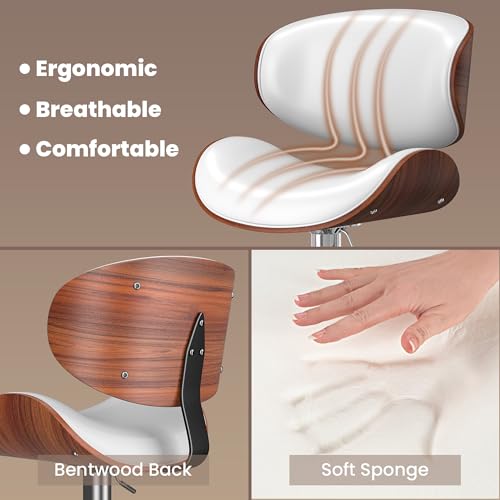 Butacos de Barra YaFiti, Juego de 3 Butacos con Espalda Curvada y Asiento de Cuero Sintético, Giratorios para Isla de Cocina, Bar o Comedor, Color Blanco Marfil miniatura 4