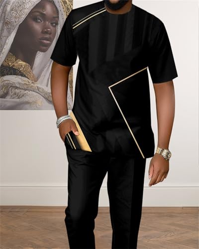 TIFIYA Men's African Dashiki Traditional 2 Piece Shirts Suits,Short Sleeve Pants Clothing Stylish Striped Mens Sets S-5XL2