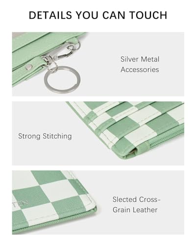 Image of BOSTANTEN Small Wallet For Women RFID Leather Credit Card Holder Slim Wristlet Keychain Wallet With Zipper Pocket, Mint Green Checkered