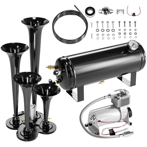 150DB Train Air Horn Kit, 4 Horn Kits for 150 PSI 12V Air Compressors, Ultra Loud Air Horn With Built-in 90-120 PSI Pressure Switch and Temperature Controller for Truck Complete Kit, Black 1.59 Gallon Cover
