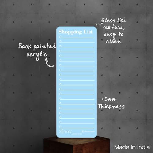 Image of 3 Lines Shopping List Fridge Magnet with Marker|Smart Planning & Shopping for Family, Working Professionals|Acrylic Magnetic Notepad for Kitchen Organisation|9x24 cms|Light Blueberry Color|Regular