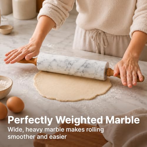 Zulay Kitchen 17-Inch Marble Rolling Pin With Stand - Polished Marble Rolling Pins For Baking With Long Beechwood Handle - Non-stick Roller Pin For Baking Pastries, Bread & Pizza - Image 3