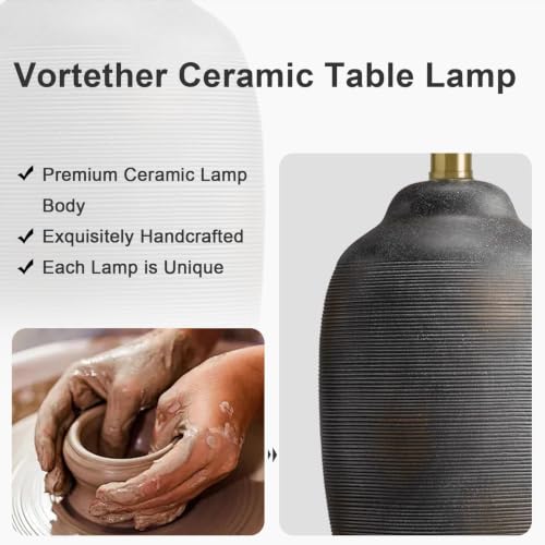 Image of 24.5 inch Ceramic Black Lamp for Living Room with Pre-Attached Shade | Single Rustic Bedside Lamps, Hand-Textured Farmhouse Vintage Table Lamps for Bedroom Nightstands, Side End Table Home Decor