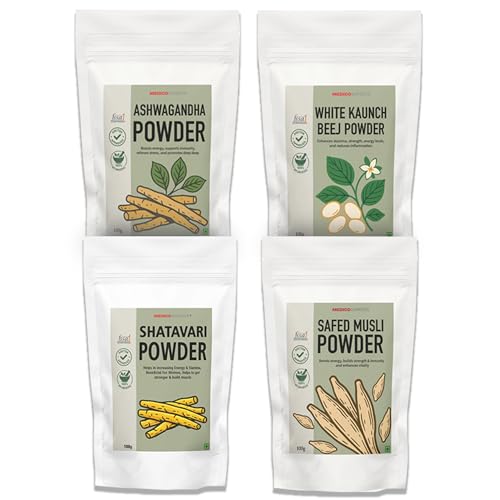 Image of Ashwagandha Powder, Safed Musli Powder, White Kaunch Beej, Shatavari Combo pack | Pure & Natural | For Energy & Natural Immunity | 100gm x4 (100gm each)