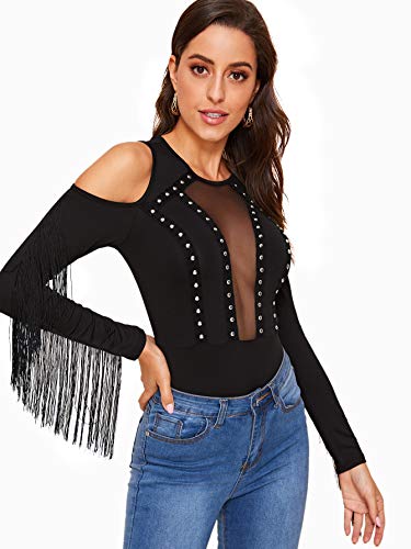Sweatyrocks Women's Cold Shoulder Fringe Long Sleeve Sheer Mesh Jumpsuit Bodysuit Black Xl #TOP3
