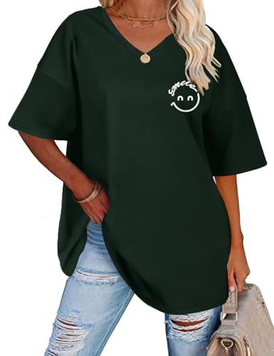 heekpek Camisetas Manga Corta Mujer Talla Grande Algodon Cuello V Camiseta Estampada de Verano Oversize Tshirt Mujer, Verde Oscuro, M