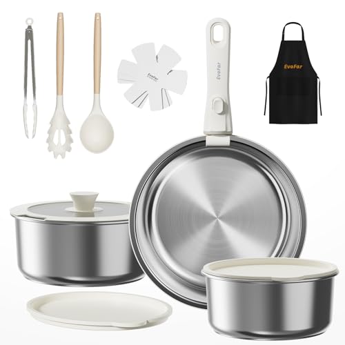 EvoFar Juego de ollas de acero inoxidable, juego de sartenes de 14 piezas con asas desmontables, sartén de 24 cm, olla de 18/20 cm, juego de ollas apilables para todo tipo de cocinas (plata)