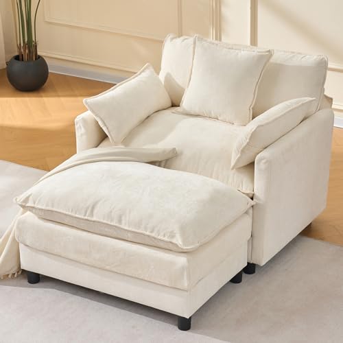 anwickjeff Modern Accent Chair with Ottoman, Oversized Chenille Reading Armchair, Upholstered Armchair, Single Living Room Chairs for Bedroom, Study, Apartment, Beige