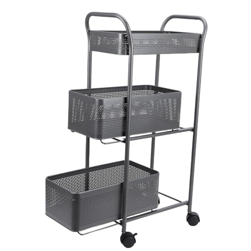 Bewinner Chariot Utilitaire Roulant à 3 Niveaux, Organisateur de Rangement en Acier avec Panier Coulissant et Poignée, Multifonctionnel pour Salon, Cuisine, Salle de Bain, Gris