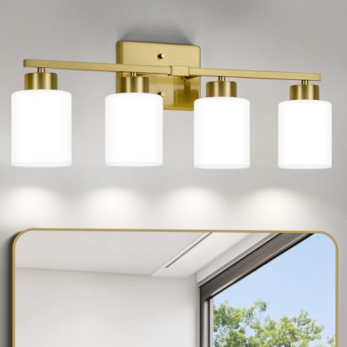 Image of FonmYim Brushed Gold Bathroom Light Fixtures, 4-Light Modern Vanity Light Over Mirror, Wall Sconces with Milky White Frosted Glass Shades, E26 Socket (Bulbs Not Included)