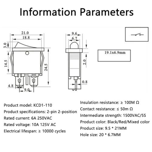 Interruptor rectangular KCD1-110 de 2 pines para sustituir botones dañados en consolas y herramientas 7