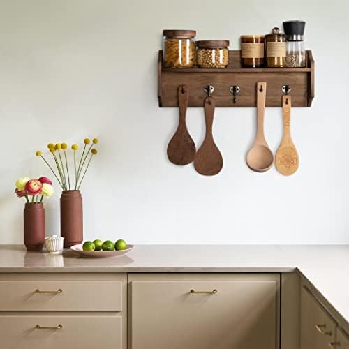 Lavievert Coat Hooks with Storage Shelf Wall-Mounted, Rustic Wood Hanging Coat Rack with 5 Vintage Metal Hooks for Entryway, Kitchen, Bathroom (Light Brown)