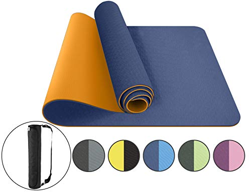 ComFyMat Tapis de yoga antidérapant Tapis de gymnastique pour Pilates, méditation, femme, homme, fitness, 183 x 61 x 6 mm (marine/orange)