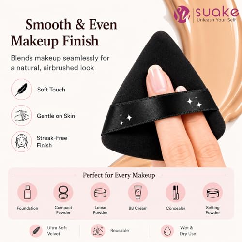 Image of SUAKE Makeup Powder Puff Set, 7PCS Soft Velvet Face Powder Puffs for Foundation, Loose Powder, Compact & BB Cream, Reusable Washable Cosmetic Applicators with Finger Strap