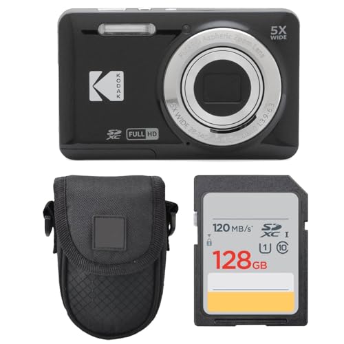 Kodak PIXPRO FZ55 Digital Camera (Black) + Point & Shoot Camera Case + Sandisk 128GB SDXC Memory Card