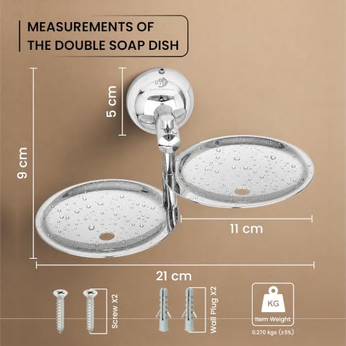 Image of USF Premium Double Soap Dish for Bathroom, 304 Grade Stainless Steel Soap Holder for Wash & Shower Area, Wall Mounted & Quick Drainage System, Chrome Finish, 25 Years Warranty, Pack of 1 - Torin