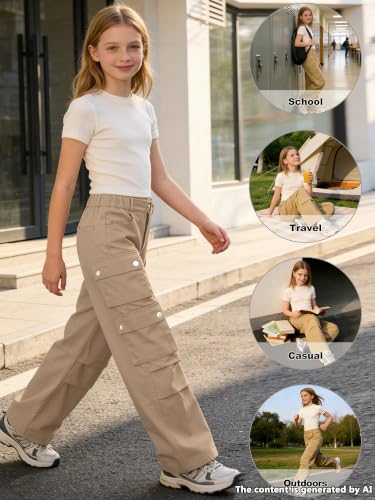 Image of SANGTREE Girls Wide Leg Cargo Pants Multi Pocket,6-14 Years | Cotton High Waist Baggy Trousers with Pockets Teen Y2K Streetwear School Pants| Back-to-school,Outdoor Play