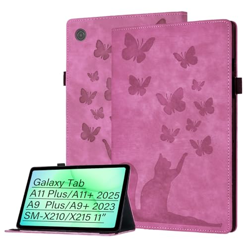 Bemoloon Tab Fundas para Samsung Galaxy Tab A11 Plus/A11+ 2025 A9 Plus/A9+ 2023 PU Gato y Mariposa Carcasa para Tableta, Soporte, Ranura para Tarjetas, Porta Lápiz, Gato Rosa