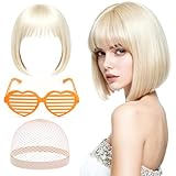 Pelucas Mujer Pelo Natural Rubia - Peluca Corta Carnaval, Bob Wig con Gafas y Redecilla Pelo para Disfraz Carnaval Halloween Fiesta