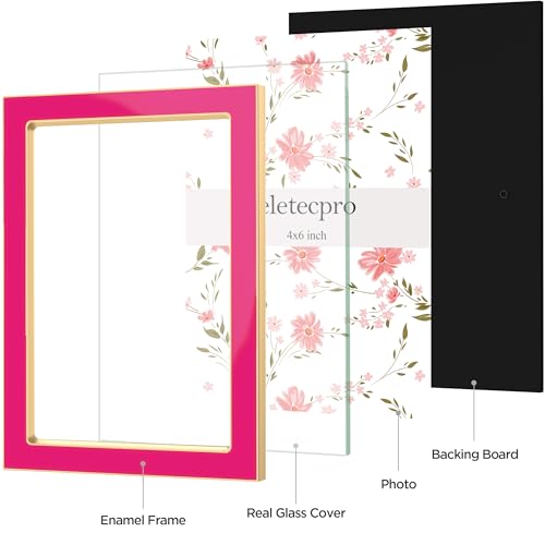 Image of eletecpro 4x6 Enamel Picture Frame Set of 2 with Real Glass Cover, Cute Photo Frame with Gold Metal Edge, Horizontal and Vertical Display Pictures 4 by 6 for Tabletop and Wall Decor, Rose Pink
