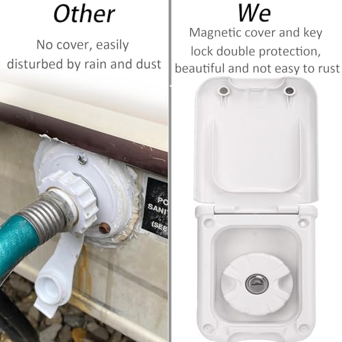 Image of RV Water Fill Inlet with Cover Gravity Water Fill Inlet, Square Magnetic Attraction and Lock Keys Double Protection City Fresh Water Connection for RV Camper Motorhome Boats (White)