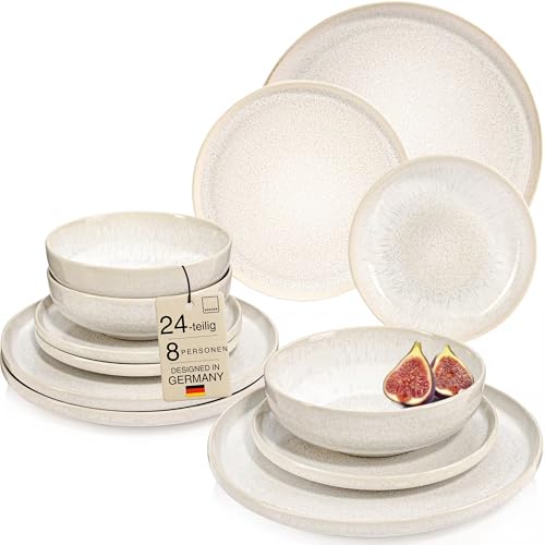 SÄNGER | Geschirrset Korfu 24 tlg Tafelservice 8 Personen Steingut Geschirr Handmade Teller Set inkl. Essteller Dessertteller Tiefe Teller Essgeschirr Creme Farben mit Sandiger Maserung
