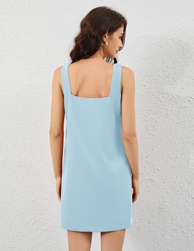Image of Burtell Summer Sleeveless Cotton Linen Mini Dresses for Women Casual Square Neck Backless Short Dress Solid Tank Shift Dress