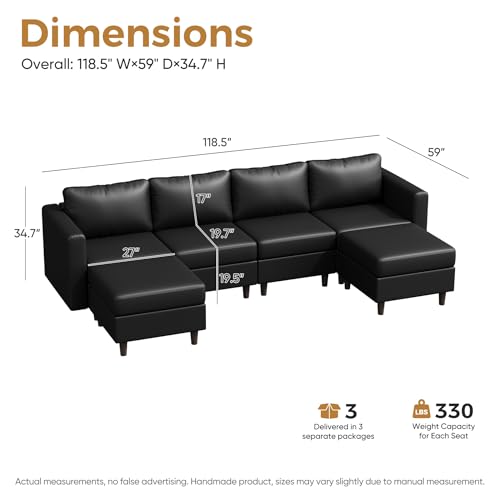 Image of ABCASA Oversized Modular Sectional Sofa, 118.5 inch Faux Leather 6 Seater U Shaped Couch with Movable Ottoman and Storage Seat with Reversible Chaise Deep Seat for Living Room Black