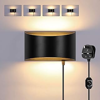Glighone Wall Lights Indoor LED Up Down Wall Lamp Dimmable Uplighter Downlighter Wall Lighting Black 12W with Switch & Plug for Bedroom Living Room Hallway Stair, Warm White(2 COB Lamp Beads Include)