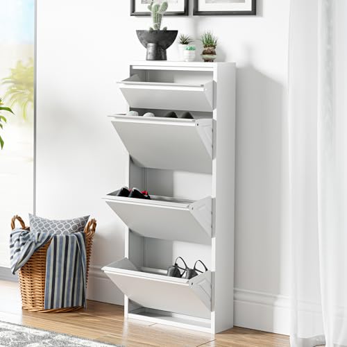 [en.casa] Zapatero de Pared Sokndal Organizador de Zapatos con 3 Puertas para 6 Pares y 1 Compartimento Pequeño Mueble de Calzados para Entrada Pasillo Metal 118 x 50 x 15 cm - Blanco