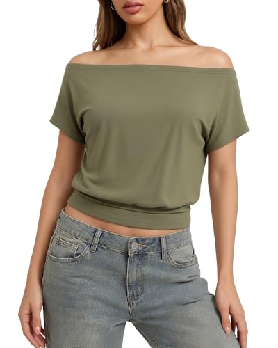 Image of ALGALAROUND Women Off The Shoulder Summer Tops Asymmetrical One Shoulder T Shirt Casual Short Sleeve Boat Neck Tees Army Green M