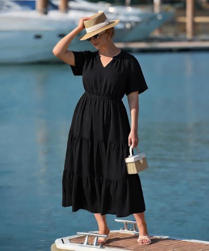 Image of TIYOMI Women Plus Size Dress Boho V Neck Short Sleeve Beach Maxi Dresses Floral /Stripe /Leaves /Lemon XL-5XL