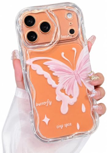 Image of VONZEE Cute Pink Butterfly Transparent Back Cover for iPhone 17 Pro Max | Clear Shockproof TPU Protective Case | Slim Anti-Yellowing Crystal Clear Phone Cover for Girls and Women