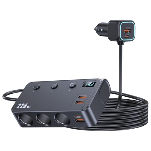 226W 9 in 1 Caricatore per Auto Ricarica Rapida Accendisigari USB con 3 Prese 110W Doppia PD 35W+45W & 3 QC3.0 18W Interruttore LED Voltmetro Auto per GPS Cellulare iPad