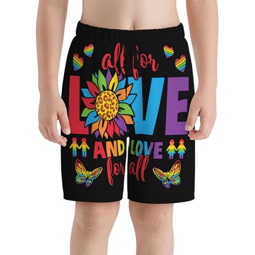 Noasqll LGBT Pride Rainbow Gay Love is All About Hearts All for Love Boys Swim Trunks Big Kids Bathing Suit Teen Quick Dry Board Shorts Youth Swimming Shorts Beach Swimwear X-Large