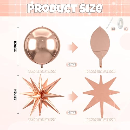 Image of 6Pcs 22 inch Rose Gold Ball Balloons with Metallic Star 4D Large Foil Balloons for 70s Disco Party Birthday Decorations