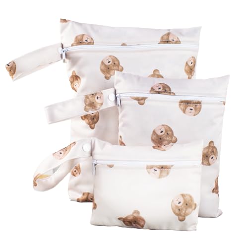 KASESSS 3 Piezas Modelo de Oso Pañaleras para Bebes, Bolsa Impermeable Bebe, Bolsa Húmeda Reutilizable con Cremallera, Organizador de Pañales con Asa de Transporte para Nadar Fitness Acampar Viajar