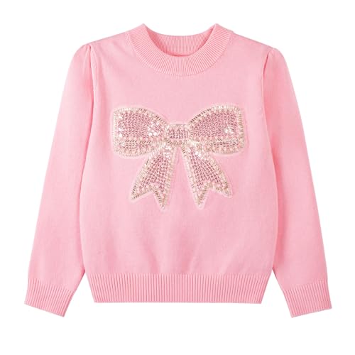Image of Danny D Young Girl′s Bowknot Sequin Knitted Sweater Crew Neck Long Sleeved Tops for Autumn and Winter