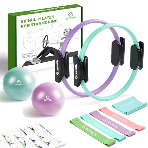 GIFNOL Pilates Ring and Ball Set with Resistance Bands - Pilates Equipment for Home Workout - 14'' & 12'' Pilates Rings, 2 Pilates Balls, 5 Resistance Bands for Toning Arms, Thighs/Legs & Core