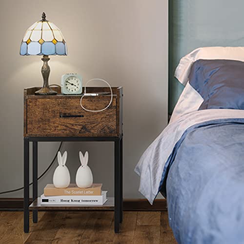 Nightstand With Charging Station And Usb Ports, Small End Table With Drawer And Open Storage Shelf Modern Bedside Table Night Stand For Bedroom, Living Room, Rustic Brown #TOP4