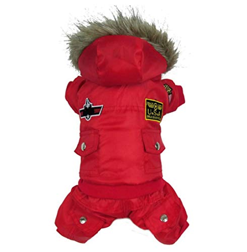 ICOUCHI 犬の服 つなぎ ペット服 秋冬 ドッグウェア ダウン ジャケット コート 裏起毛 フード付き 小中型犬 洋服 四つの足 ペット用品 防寒 可愛い 柔らかい お出かけ服 … (S, レッド)