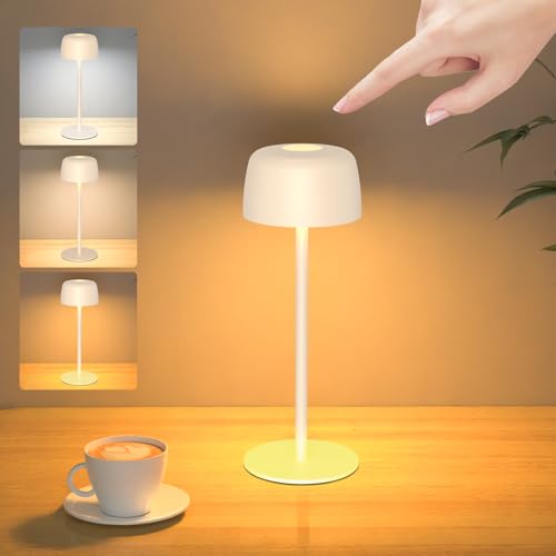 Lámpara de Mesa Inalámbrica Metal, H25cm Lámpara de Noche Recargable Brillo Ajustable 3 Temperaturas de Color, Lámpara de Escritorio IP54 Impermeable para Dormitorio, Exterior, Cafetería, Restaurante