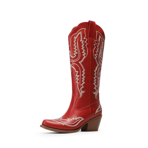 DREAM PAIRS Cowboy Knee High Boots for Women Western Retro Embroidered Cowgirl Boots Fashion Narrow Square Toe Comfortable Side Zipper Tall Boots for Ladies 7.5 Red