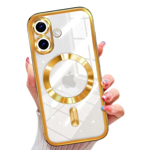 Image of Misscase for iPhone 17 Case with Privacy Screen Protector, Built-in Lens Protector, Compatible with MagSafe, Anti-Yellowing Shockproof TPU, Bling Glitter Electroplated Cover 6.3 inch Gold