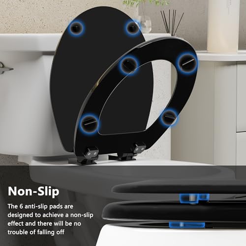 Image of Angol Shiold Quiet-Close Molded Wood Toilet Seat with Non-Slip Adjustable Hinges, Anti-Pinch Bumpers, Easy Install & Clean(Black, Round 16.5'')